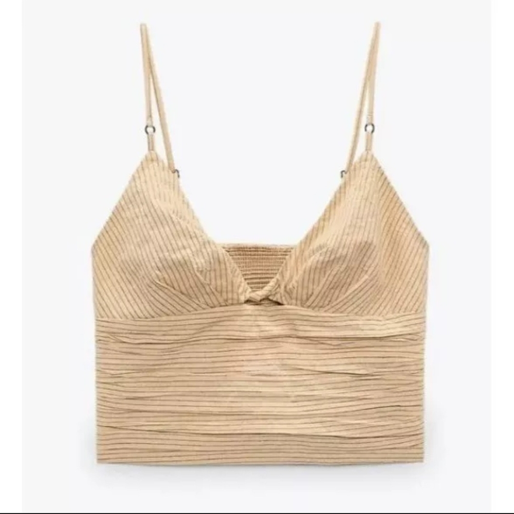 ZARA Beige Pinstripe Ruched Crop Top Ruched Smocked Back Size M
